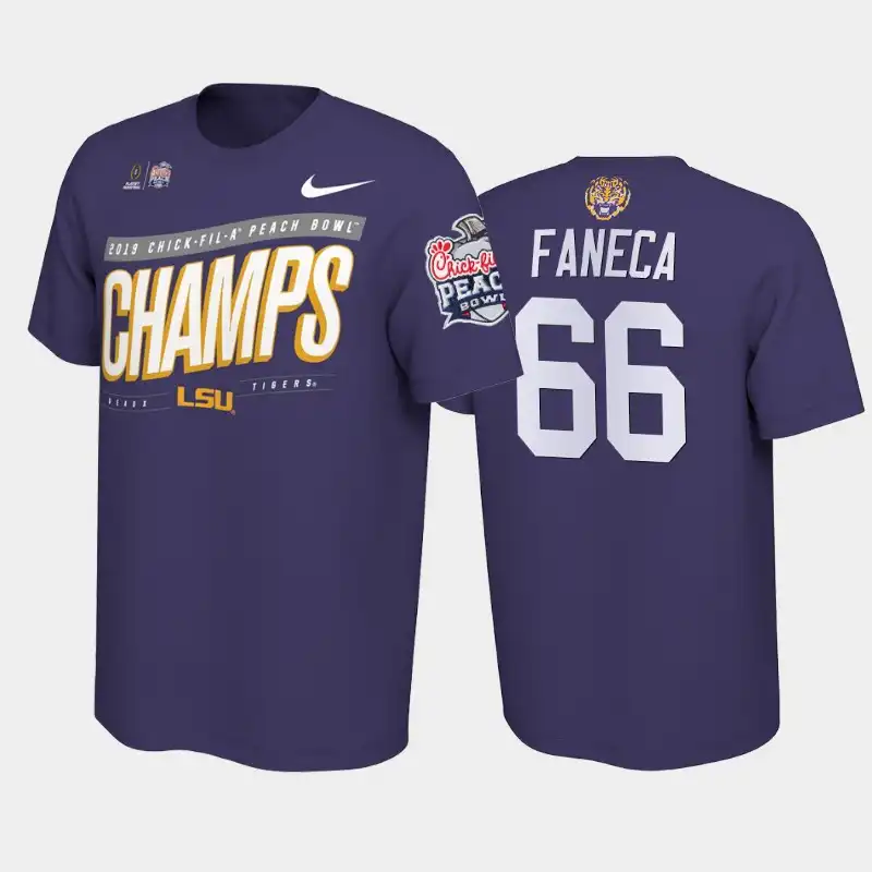 Men's LSU Tigers Alan Faneca #66 Playoff 2019 Purple Peach Bowl Champions NCAA Football T-Shirt